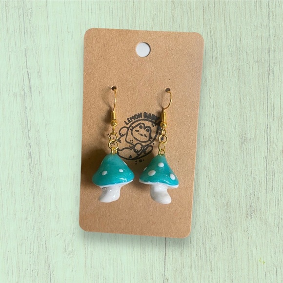 Handmade Green Mushroom Cottagecore Cute Dangle Earrings - Seafoam - Dainty - Picture 3 of 5